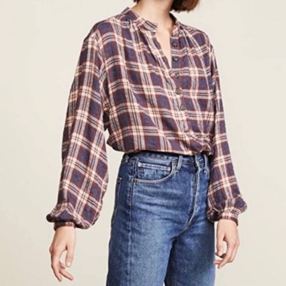 Free People Tops - Free People Northern Bound Flannel Plaid Tunic Top Small Red Blue